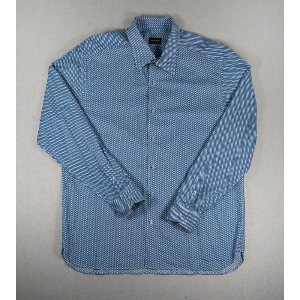 Ermenegildo Zegna Mens Shirt XXL Long Sleeve Geometric Micro Print Blue Cotton